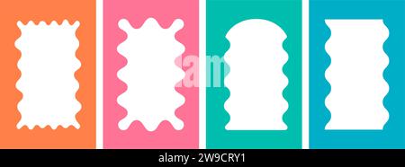 Montatura effetto onda retrò psichedelico. Bordo della scanalatura rettangolare con bordo di capesante. Striscioni estetici con il doodle vettoriale. Forme astratte geometriche eccentriche per Illustrazione Vettoriale