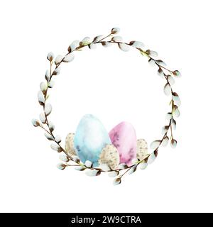 Corona di salice disegnata a mano con uova colorate. Illustrazione Happy Easter, design rustico e floreale per imballaggio, etichetta, logo, decorazione invito Foto Stock