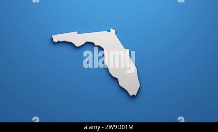 Elegante logo della Florida State Map - Una silhouette bianca e nitida della Florida su uno sfondo blu audace, che simboleggia la chiarezza e la concentrazione sullo Stato del sole Foto Stock