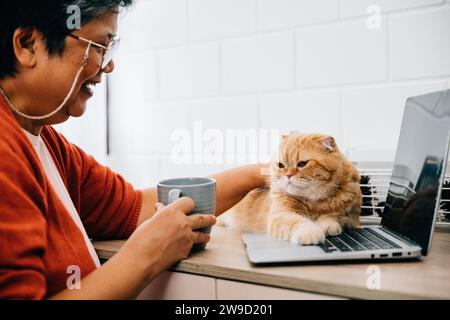 Una donna anziana, in pensione, si impegna in attività online sul suo notebook, digitando sulla tastiera Foto Stock