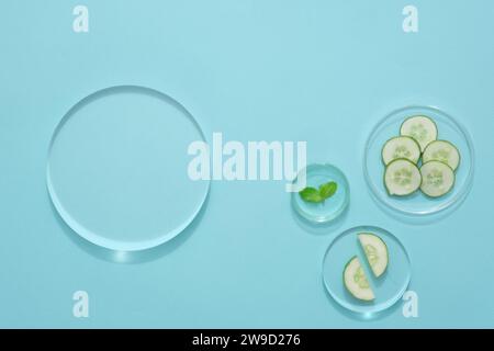 Vista dall'alto del podio trasparente su sfondo azzurro con piastre di Petri contenenti fette e foglie di cetriolo. Scena minimalista per la pubblicità Foto Stock