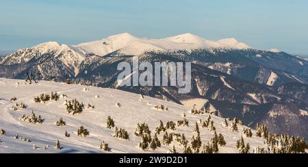 Montagne di Krivanska Mala Fatra da Martinske Hole in Lucanska Mala Fatra, in Slovacchia, per un'incredibile giornata invernale Foto Stock