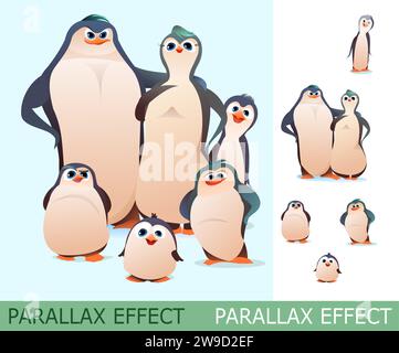 Famiglia dei pinguini. Set di vetrini per effetto parallasse. Divertente stile cartoni animati. Vettore immagini Illustrazione Vettoriale