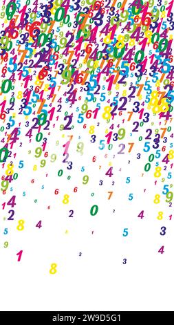 Numeri sparsi. Coloratissime cifre infantili che volano caotiche. Banner di matematica di ritorno a scuola su sfondo bianco. Illustrazione vettoriale dei numeri in caduta Illustrazione Vettoriale