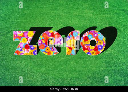 La parola inglese Zero, scritta con un motivo floreale di molti fiori e colori diversi, simbolo di Net Zero, zero emissioni di anidride carbonica, simbolo Foto Stock