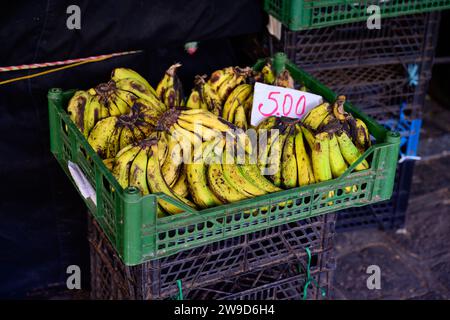 Banane gialle mature in vendita in cassa o scatola al mercato centrale di Port Louis, Mauritius Foto Stock