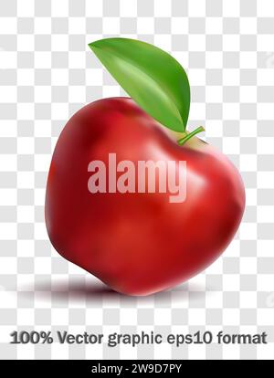mela rossa realistica e sana con foglia. Vettore in formato eps 10, nessun effetto raster Illustrazione Vettoriale