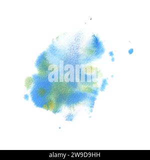 Macchie e spruzzi di vernice ad acquerello sono blu e verde. Disegnato a mano. Oggetto isolato su sfondo bianco. Foto Stock