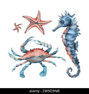Clipart subacqueo con animali marini cavallucci marini, stelle marine, granchi. Illustrazione ad acquerello disegnata a mano. Set di oggetti isolati su sfondo bianco. Foto Stock