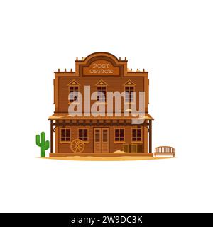 Ufficio postale della città del West occidentale. Scena vettoriale della città dei cowboy con una vecchia casa in legno a due piani. Ufficio postale WESTERN vintage con pacchi su veranda, cactus, ruota e panca Illustrazione Vettoriale
