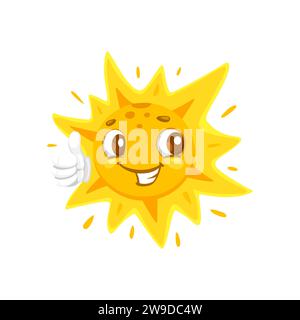 Cartoni animati divertente kawaii Sun personaggio con il pollice in su. Felice personalità vettoriale estate con un bel viso sorridente che mostra un cartello di approvazione. Emoji solare giallo brillante per giornate di sole, clima o clima Illustrazione Vettoriale