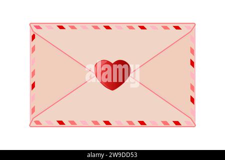 Busta rosa con timbro a cuore su sfondo bianco. Lettera romantica con cuore o messaggio d'amore in busta per San Valentino. Illustrazione vettoriale Illustrazione Vettoriale