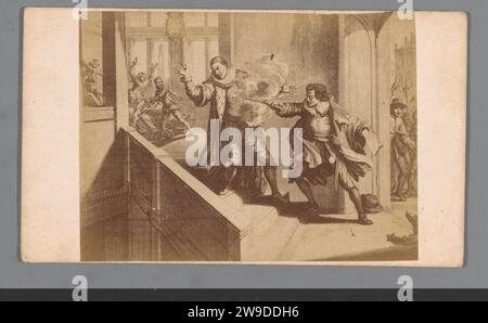 Produzione fotografica di un'incisione dell'attacco all'omicidio di Willem i di Balthasar Gérards a Delft il 10 luglio 1584, Anonymous, 1850 - 1900 scheda di visita. Supporto fotografico per fotografare Paesi Bassi. Stampa di albumi di cartone omicidio Prinsenhof Foto Stock