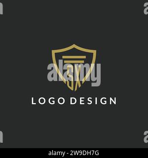 Logo monogramma iniziale SX con idee di design a colonna e scudo Illustrazione Vettoriale