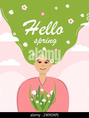 Striscione primaverile con una ragazza e fiori dai colori primaverili brillanti Illustrazione Vettoriale