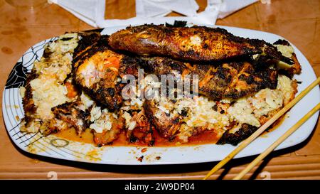 Deliziose fritture di pesce asiatiche servite su un tavolo barbecue. Pesce grigliato su griglie di acciaio a Trincomalee, Sri lanka Foto Stock