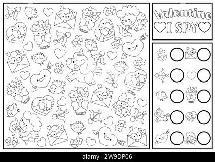 Saint Valentine, gioco di spia in bianco e nero per bambini. Ricerca e conteggio dell'attività kawaii. Foglio di lavoro stampabile per le vacanze, pagina da colorare. Semplice S Illustrazione Vettoriale