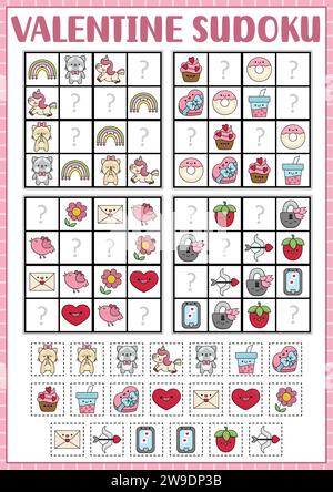 Puzzle di sudoku Vector kawaii di San Valentino per bambini con foto. Semplice quiz sulle vacanze d'amore con elementi tagliati e incollati. Attività educativa con il cuore Illustrazione Vettoriale