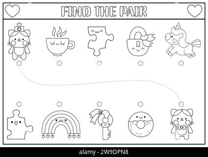 Attività di abbinamento bianco e nero di San Valentino con coppie kawaii. Divertente puzzle per le vacanze con gatto, tazza, ciambella, unicorno, arcobaleno. Lavori stampabili Illustrazione Vettoriale