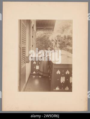 Ritratto di una giovane donna che legge, in piedi su una veranda, 1889 Fotografia Ritratto di una giovane donna in piedi, leggendo sulla veranda che si affaccia su un giardino. Carta francese. supporto fotografico. stampa di albumi di cartone Foto Stock