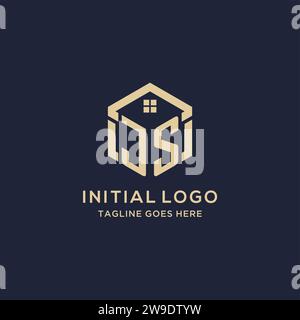 Logo JS con tetto astratto a forma esagonale, design semplice e moderno del logo immobiliare grafica vettoriale Illustrazione Vettoriale
