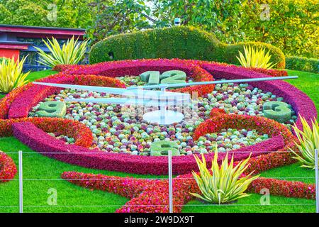 GINEVRA, SVIZZERA - 1 OTTOBRE 2023: L'horloge fleurie fiore orologio nel Jardin Anglais. Foto Stock