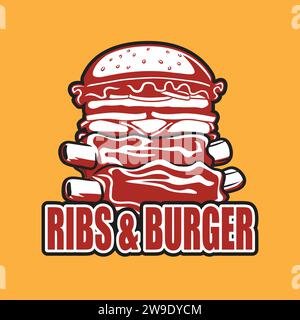 Design con logo Ribs & Burger. Logo di costolette grigliate. Logo Burger Design Illustrazione Vettoriale