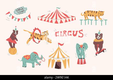 simpatici animali da circo e tende - set grande. Illustrazione vettoriale con elefante con anelli, su un tamburo. Tieniti forte su palla e bicicletta. Utilizzabile per prestazioni, banner, inviti. Design retrò. Illustrazione Vettoriale