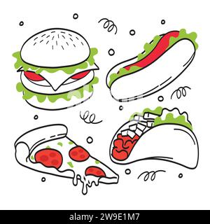 Set fast food Vector. Burger, Pizza, Taco, Hotdog Design Illustrazione Vettoriale