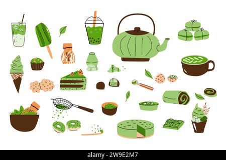 Set di tè matcha cartoon con polvere matcha, dolci, teiera, attrezzature da cucina per la preparazione. Illustrazione vettoriale per ricettario, adesivi, sfondi, etichette per tè, design di involucro. Illustrazione Vettoriale