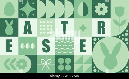 Striscione di buona Pasqua. Sfondo astratto neo-geometrico moderno. Poster orizzontale, biglietto d'auguri, intestazione per il sito Web. Composizione di semplici icone in Illustrazione Vettoriale