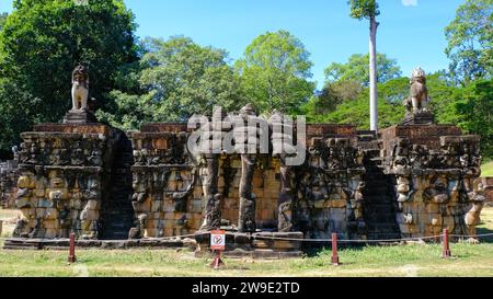 Terrazza dell'Elefante ad Angkor Thom, un'antica città di Siem Reap, Cambogia Foto Stock