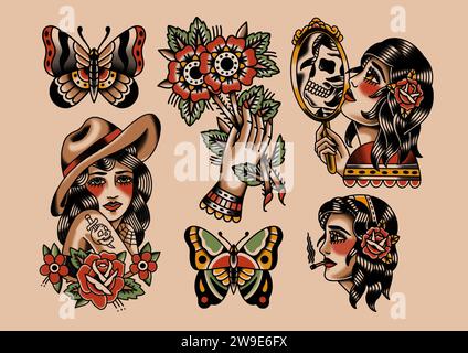 Foglio di tatuaggio di vecchia scuola, donna, farfalla, fiori, teschio Foto Stock