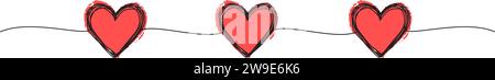 Banner con cuore grungo grungo grungo graffietto disegnato a mano con linee sottili e cuori di inchiostro rosso, forma divisoria. Isolato su sfondo bianco. Illustrazione vettoriale Illustrazione Vettoriale