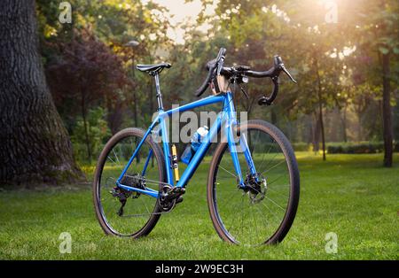 Bicicletta professionale da vicino con diversi accessori nel parco in autunno. Sport e tempo libero. Foto Stock