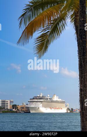 Miami, Florida, USA - 3 dicembre 2023: La nave da crociera Marina è ormeggiata nel porto di Miami, con vista incorniciata da una palma. La nave è gestita da Océ Foto Stock