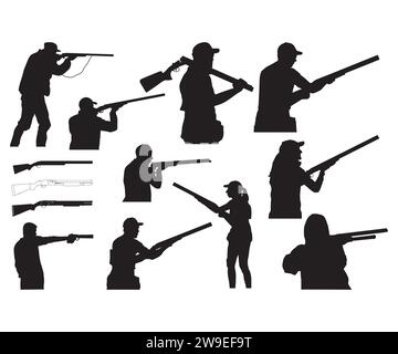 Silhouette di tiro, Vector di caccia, Skeet Shooting, Shooting Players, Shotgun Vector Illustrazione Vettoriale