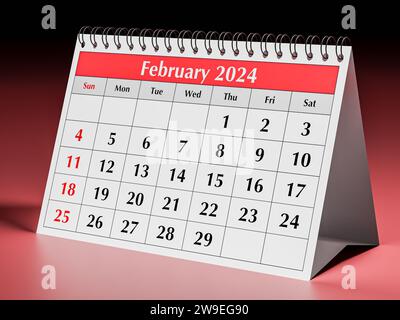 Calendario di febbraio 2024. Una pagina del calendario mensile annuale del business desk. rendering 3d. Foto Stock