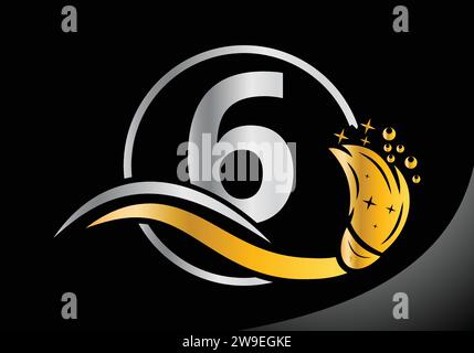 Lettera 6 logo di pulizia, logo della spazzola di pulizia Design Vector Template. Illustrazione Vettoriale