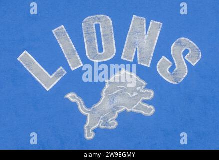 Detroit, USA 22 novembre 2023 Logo Vintage Old School della squadra professionistica di football americano Detroit Lions. Stile a forma di lettera grigio argento su Hon Foto Stock