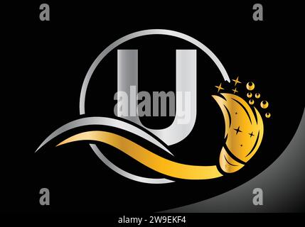 Lettera U logo di pulizia, logo della spazzola di pulizia Design modello vettore. Illustrazione Vettoriale
