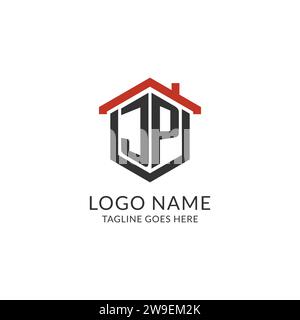 Monogramma iniziale del logo JP con design esagonale del tetto, grafica vettoriale semplice e minimale del logo immobiliare Illustrazione Vettoriale