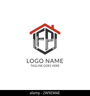 Monogramma iniziale del logo FP con design esagonale del tetto, grafica vettoriale semplice e minimale del logo immobiliare Illustrazione Vettoriale