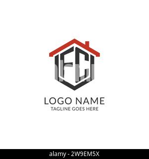 Monogramma FC con logo iniziale con design esagonale del tetto, grafica vettoriale semplice e minimale del logo immobiliare Illustrazione Vettoriale