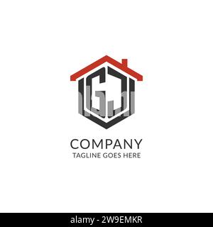 Monogramma GJ con logo iniziale con design esagonale del tetto, grafica vettoriale semplice e minimale del logo immobiliare Illustrazione Vettoriale