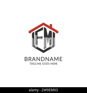 Monogramma FM con logo iniziale con design esagonale del tetto, grafica vettoriale semplice e minimale del logo immobiliare Illustrazione Vettoriale