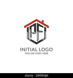 Monogramma PF con logo iniziale con design esagonale del tetto, grafica vettoriale semplice e minimale del logo immobiliare Illustrazione Vettoriale