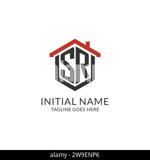 Monogramma SR con logo iniziale con design esagonale del tetto, grafica vettoriale semplice e minimale del logo immobiliare Illustrazione Vettoriale