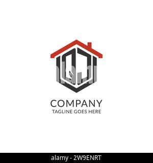 Logo iniziale monogramma QJ con design esagonale del tetto, grafica vettoriale semplice e minimale del logo immobiliare Illustrazione Vettoriale