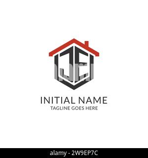 Logo iniziale monogramma JE con design esagonale del tetto, grafica vettoriale semplice e minimale del logo immobiliare Illustrazione Vettoriale